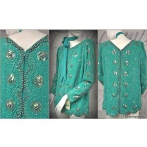 Vtg With Tags Beaded Studded Sequin Green Silk Chiffon‎ Tunic Top M 12
